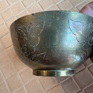 Vintage Small Hand-etched Brass Bowl, from China 3 1/8" across, 1 1/2" high